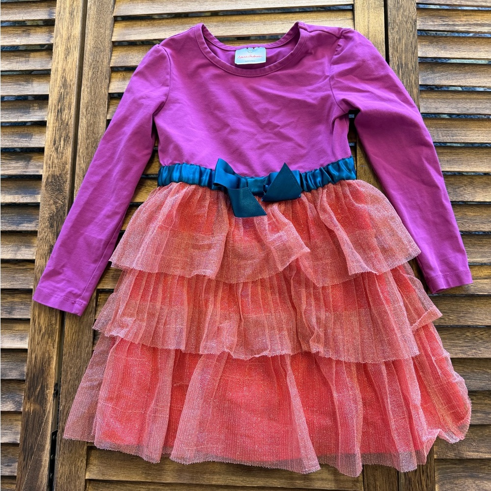 Hanna Andersson Purple and Coral Tiered Tulle Dress Bow Belt Size 4 100 cm
